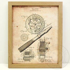 Glocker Fishing Rod Reel Rustic Patent Art Print Decor 8x10" Natural Framed